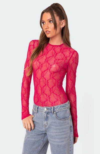 Shop Edikted Lina Sheer Lace Long Sleeve Bodysuit In Fuchsia