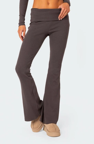 Shop Edikted Coffee Break Rib Flare Leggings In Dark-gray