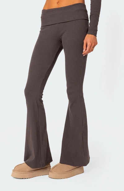 Shop Edikted Coffee Break Rib Flare Leggings In Dark-gray