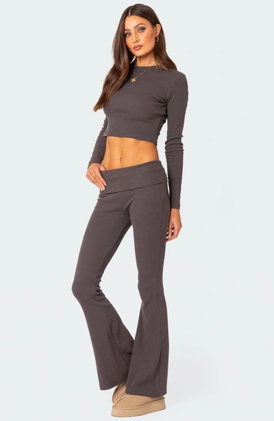 Shop Edikted Coffee Break Rib Flare Leggings In Dark-gray