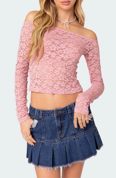 Shop Edikted Carolina Lace Off The Shoulder Top In Pink