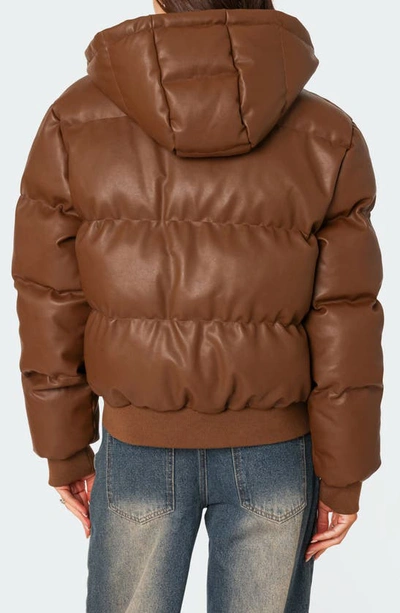 Shop Edikted Wintry Faux Leather Hooded Puffer Jacket In Brown