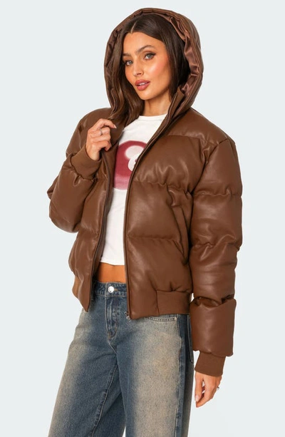 Shop Edikted Wintry Faux Leather Hooded Puffer Jacket In Brown