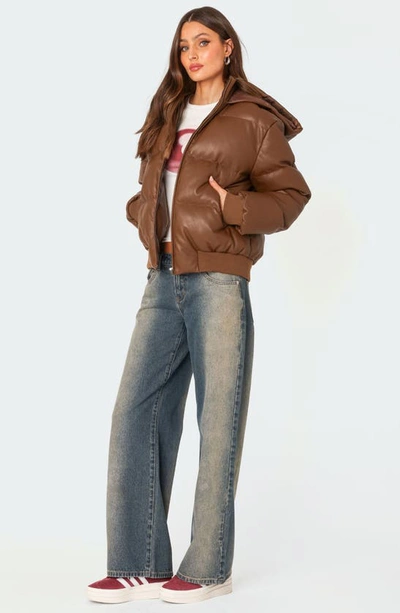 Shop Edikted Wintry Faux Leather Hooded Puffer Jacket In Brown