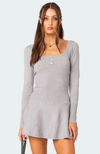 Edikted Sylver Long Sleeve Knit Minidress In Gray-melange