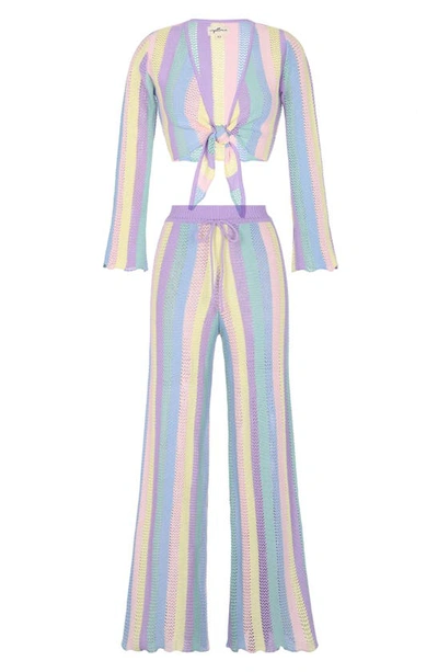 Capittana Paloma Stripe Openwork Crochet Cover-up Pants In Lilac Multicolor