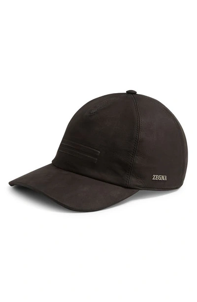 Shop Zegna Secondskin Leather Adjustable Baseball Cap In Dark Brown