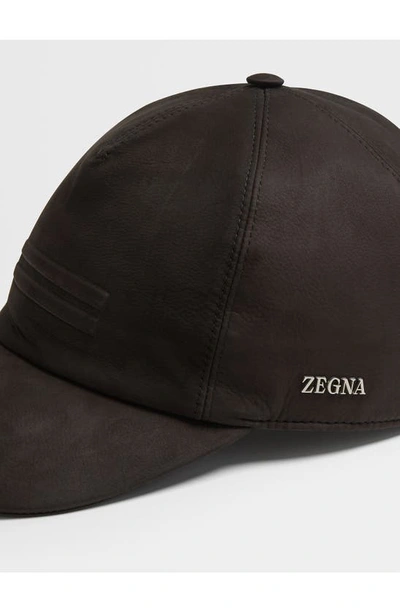 Shop Zegna Secondskin Leather Adjustable Baseball Cap In Dark Brown