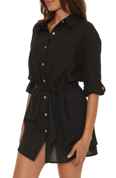 Shop Becca Long Sleeve Cotton Gauze Cover-up Shirtdress In Black