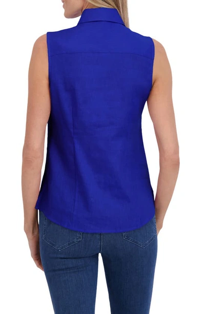 Shop Foxcroft Taylor Sleeveless Linen Blend Button-up Shirt In Royal Blue