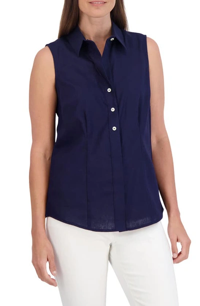 Shop Foxcroft Taylor Sleeveless Linen Blend Button-up Shirt In Navy
