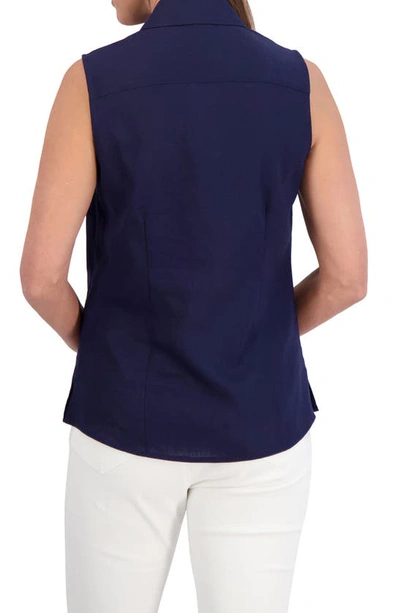 Shop Foxcroft Taylor Sleeveless Linen Blend Button-up Shirt In Navy