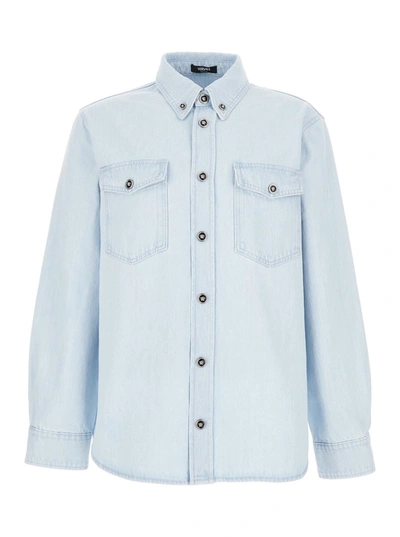 Shop Versace Light Blue Shirt With Button In Denim Man