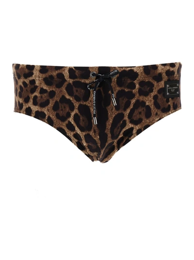 Shop Dolce & Gabbana Brown All-over Leopard Print Swimsuit Briefs In Technical Fabric Man