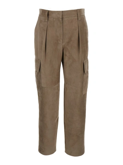 Shop Brunello Cucinelli Straight Light Brown Pants With Pockets In Leather Woman In Grey