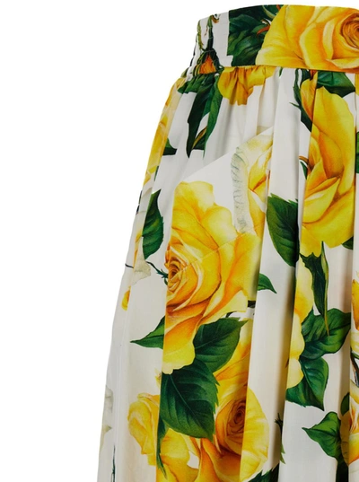 Shop Dolce & Gabbana Midi Skirt With All-over Flower Print Multicolor In Cotton Woman In Yellow