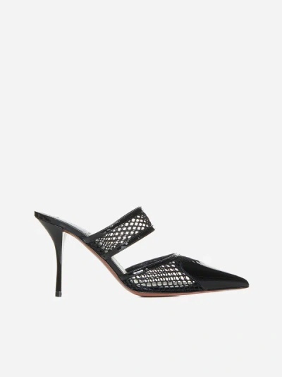 Shop Alaïa Mesh Lace And Patent Leather Mules In Black