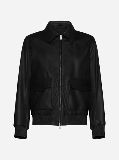 Shop Lardini Leather Bomber Jacket In Black