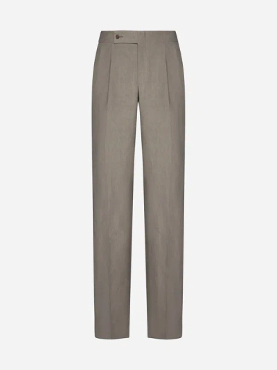 Shop Giorgio Armani Linen Trousers In Mud