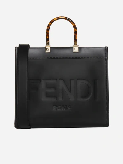 Shop Fendi Sunshine Medium Leather Tote Bag In Black
