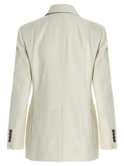 Shop Brunello Cucinelli Double Breast Linen Blazer Jacket In White