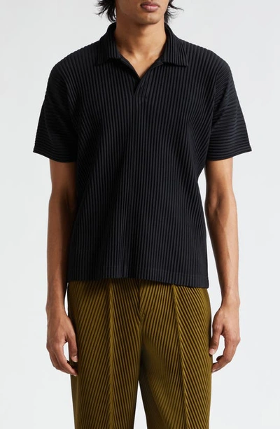 Issey Miyake Pleated Black Polo Shirt With Boxy Silhouette In Black