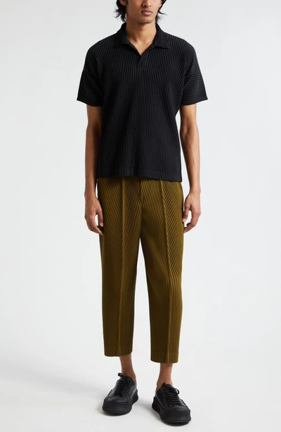 Issey Miyake Pleated Black Polo Shirt With Boxy Silhouette In Black