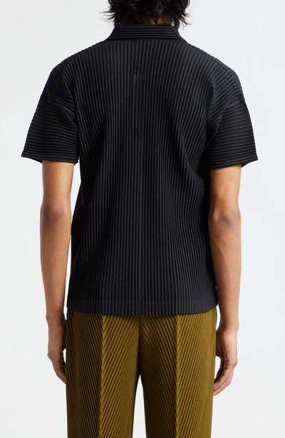 Issey Miyake Pleated Black Polo Shirt With Boxy Silhouette In Black