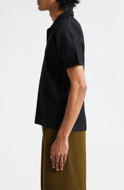 Issey Miyake Pleated Black Polo Shirt With Boxy Silhouette In Black