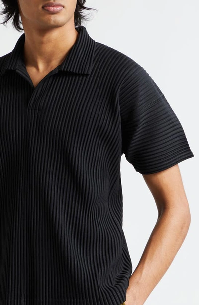 Issey Miyake Pleated Black Polo Shirt With Boxy Silhouette In Black