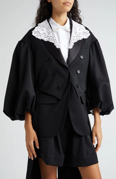 Shop Simone Rocha Double Breasted Tailcoat With Eyelet Collar Overlay In Black/ White