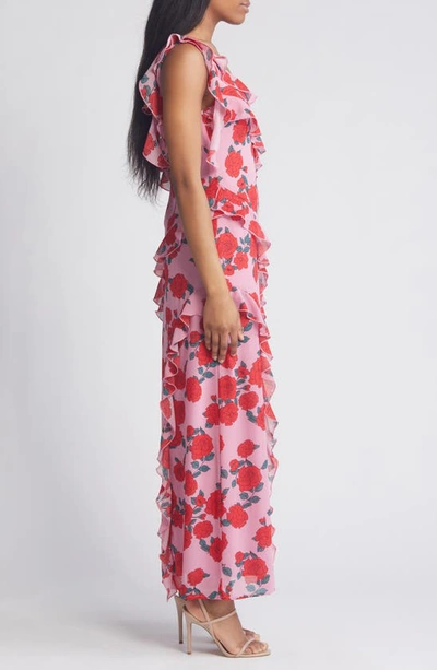 Shop Wayf Rosaline Floral Ruffle Maxi Slipdress In Pink Roses
