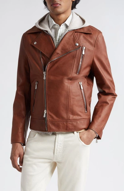 Shop Eleventy Leather Biker Jacket In Brown