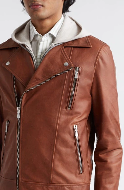 Shop Eleventy Leather Biker Jacket In Brown