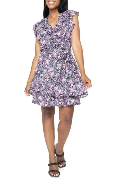 Gibsonlook Ruffles For Days Floral Wrap Minidress In Blue Deco Garden Print