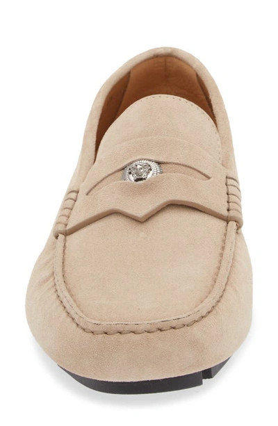 Shop Versace Medusa Coin Penny Driving Loafer In Light Sand Rutenium