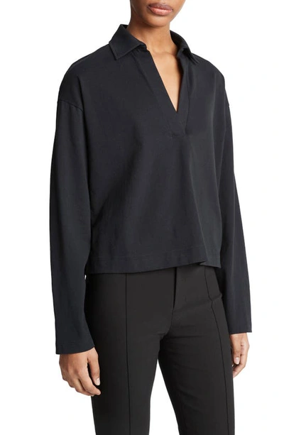 Shop Vince Easy Long Sleeve Cotton Polo In Black