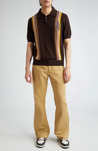 Shop Amiri Stacked Logo Stripe Wool & Cotton Polo Sweater In Brown