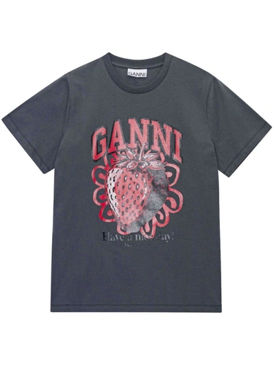 Shop Ganni Relaxed Strawberry T-shirt In Gray