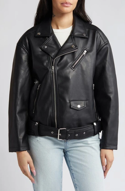 Shop Topshop Oversize Faux Leather Biker Jacket In Black