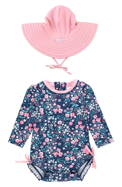 Rufflebutts Moonlit Meadow One-piece Rashguard Swimsuit & Hat Set In Blue