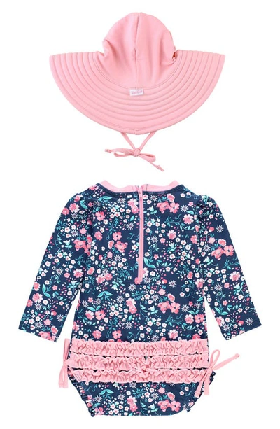 Rufflebutts Moonlit Meadow One-piece Rashguard Swimsuit & Hat Set In Blue