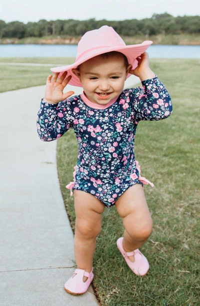 Rufflebutts Moonlit Meadow One-piece Rashguard Swimsuit & Hat Set In Blue