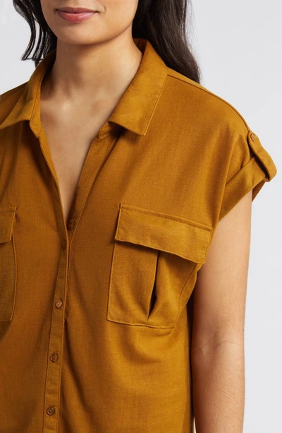 Shop Bobeau Utility Short Sleeve Button-up Shirt In Bronze