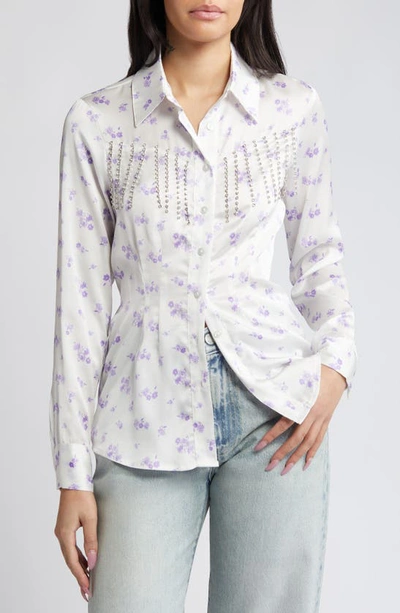 Shop Asos Design Rhinestone Floral Western Satin Button-up Shirt In White