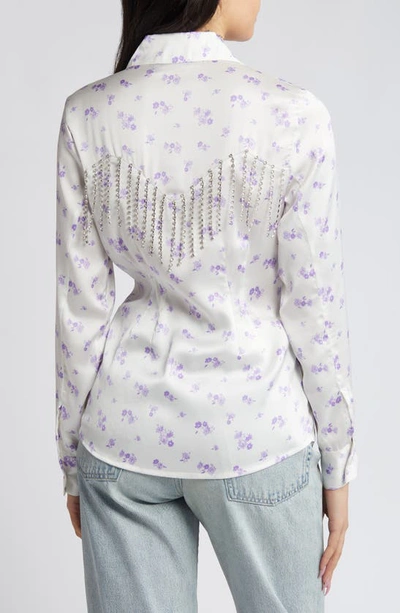 Shop Asos Design Rhinestone Floral Western Satin Button-up Shirt In White