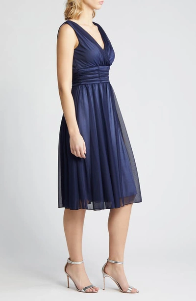 Shop Connected Apparel Chiffon Overlay Fit & Flare Dress In Navy/ Slate