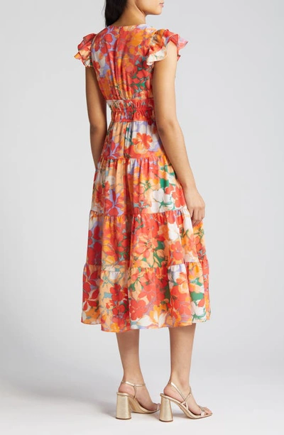 Shop Vince Camuto Floral Print Tiered Ruffle Sleeve Midi Dress In Orange Multi