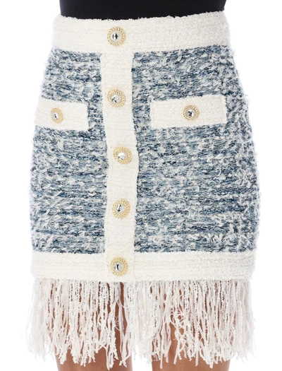 Shop Balmain Fringed Denim Tweed Skirt In Pale Blue White