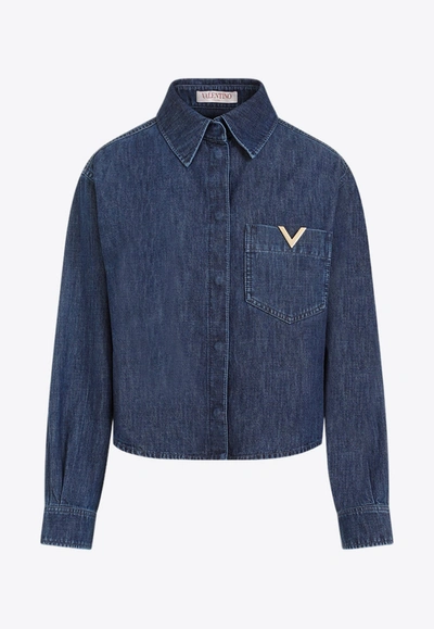 Shop Valentino Chambray Denim Long-sleeved Shirt In Blue